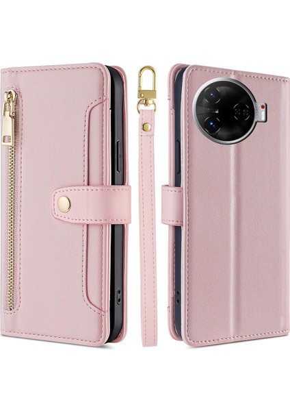 Tecno Camon 30 Pro 5g Pembe Için Çapraz Vücut Fermuarlı Cüzdan Kılıf (Yurt Dışından)