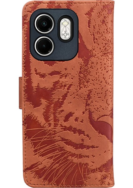 Infinix Hot 50I / Smart 9 Kahverengi Için Kaplan Kabartmalı Deri Kılıf (Yurt Dışından)