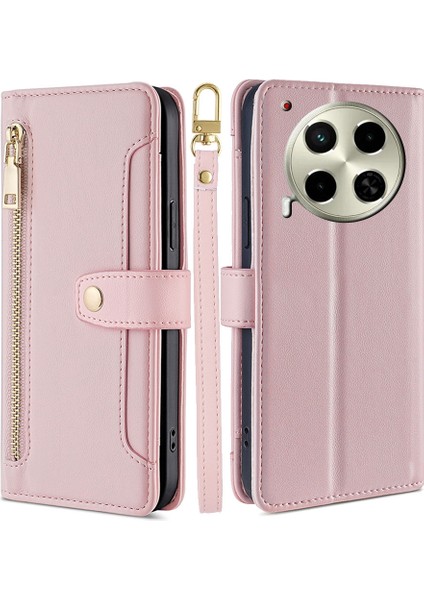 Tecno Camon 30 Pembe Için Çapraz Fermuarlı Cüzdan Kılıf (Yurt Dışından)