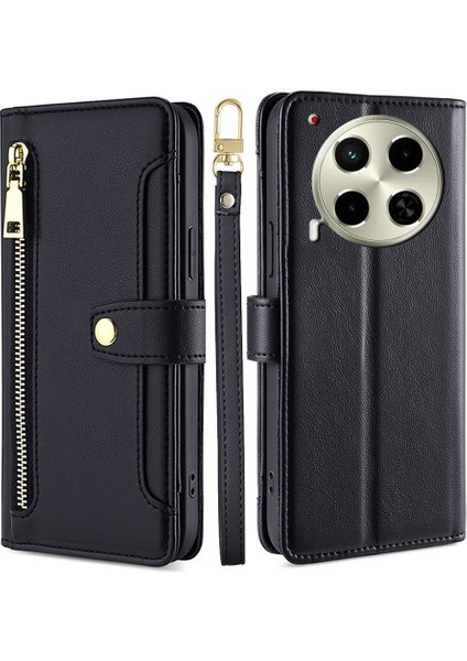 Tecno Camon 30 Siyah Için Çapraz Gövde Fermuarlı Cüzdan Kılıf (Yurt Dışından)