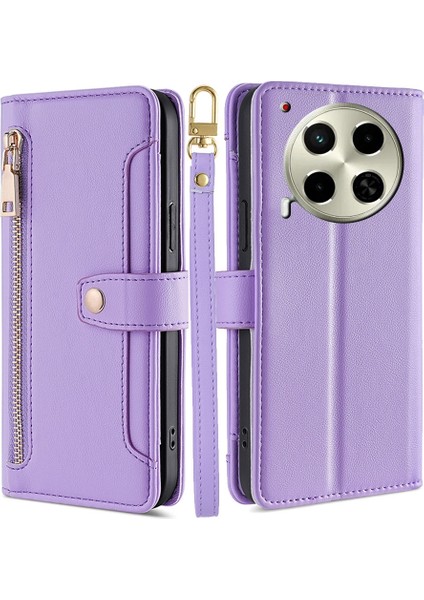Tecno Camon 30 Mor Için Çapraz Fermuarlı Cüzdan Kılıf (Yurt Dışından)