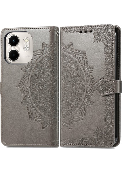 Infinix Smart 9 Gri Için Mandala Çiçek Deri Kılıf (Yurt Dışından)