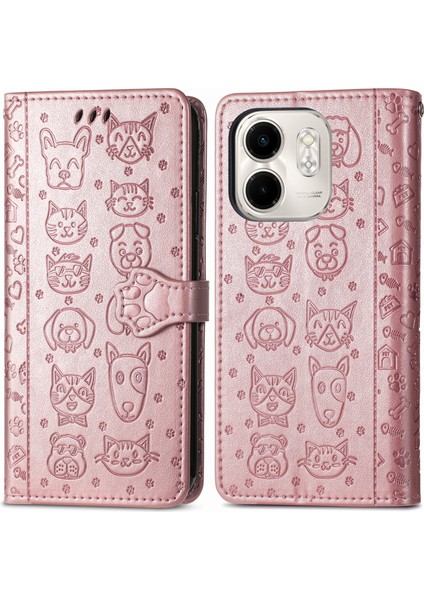Infinix Smart 9 Için Kedi ve Köpek Kabartmalı Kılıf Pembe Altın (Yurt Dışından)
