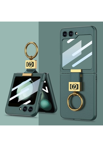 Samsung Galaxy Z Flip5 Green Için Gkk Ultra Deri Deri Yüzük Kılıfı (Yurt Dışından)