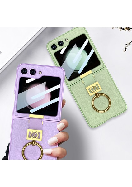 Samsung Galaxy Z Flip5 Green Için Gkk Ultra Deri Deri Yüzük Kılıfı (Yurt Dışından) modelleri