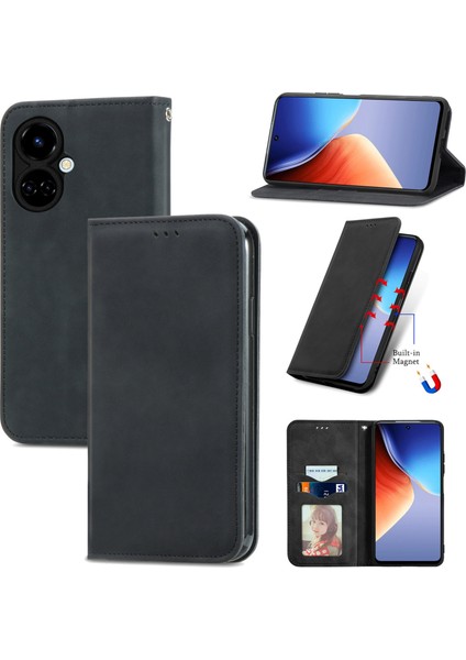 Tecno Camon 19 Siyah Için Retro Skin Fe Manyetik Deri Kılıf (Yurt Dışından)