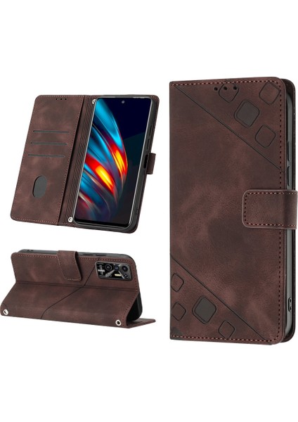 Tecno Pova 2 Kahverengi Için Skin-Fe Kabartmalı Deri Kılıf (Yurt Dışından)