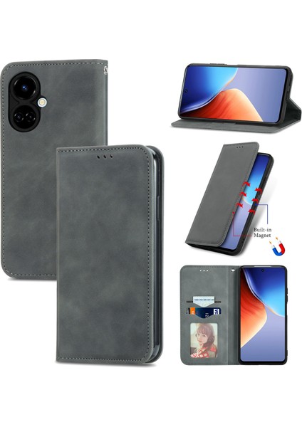 Tecno Camon 19 Gri Için Retro Skin Fe Manyetik Deri Kılıf (Yurt Dışından)