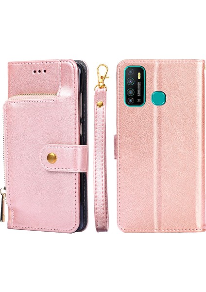 Infinix Hot 9/note 7 LITE/X655C Pembe Altın Için Fermuarlı Çanta Deri Kılıf (Yurt Dışından)