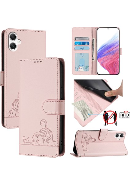 Samsung Galaxy A06 4g Pembe Için Kedi Sıçan Kabartmalı Rfıd Pu Kılıf (Yurt Dışından)