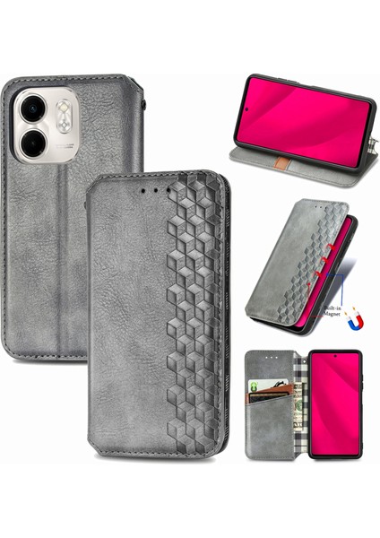 Infinix Smart 9 Gri Için Kübik Preslenmiş Deri Kılıf (Yurt Dışından)