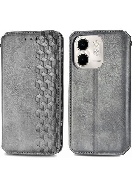 Infinix Smart 9 Gri Için Kübik Preslenmiş Deri Kılıf (Yurt Dışından)
