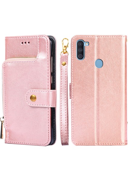 Samsung Galaxy A11 Ab Versiyonu Fermuarlı Çanta Pu+Tpu Kılıf Pembe Altın (Yurt Dışından)