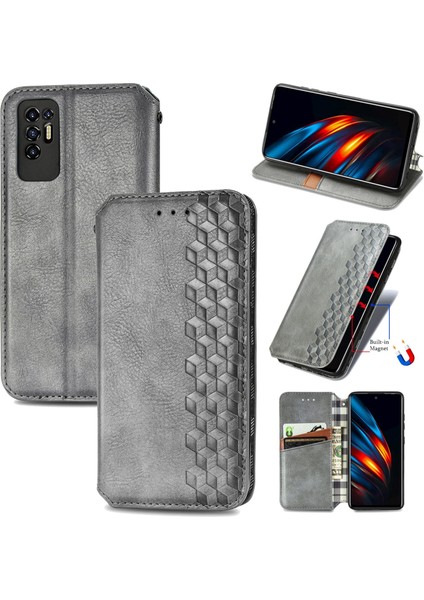 Tecno Pova 2 Gri Için Manyetik Deri Telefon Kılıfı (Yurt Dışından)
