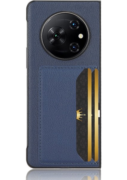 Tecno Phantom V Fold Mavi Için Litchi Doku Kart Yuvası Telefon Kılıfı (Yurt Dışından)