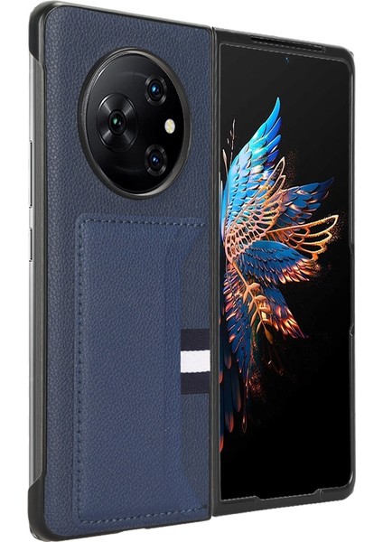 Tecno Phantom V Fold Mavi Için Litchi Doku Kart Yuvası Telefon Kılıfı (Yurt Dışından)