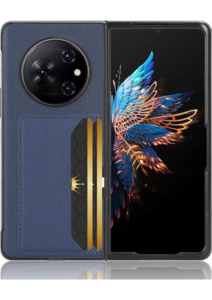 Tecno Phantom V Fold Mavi Için Litchi Doku Kart Yuvası Telefon Kılıfı (Yurt Dışından)