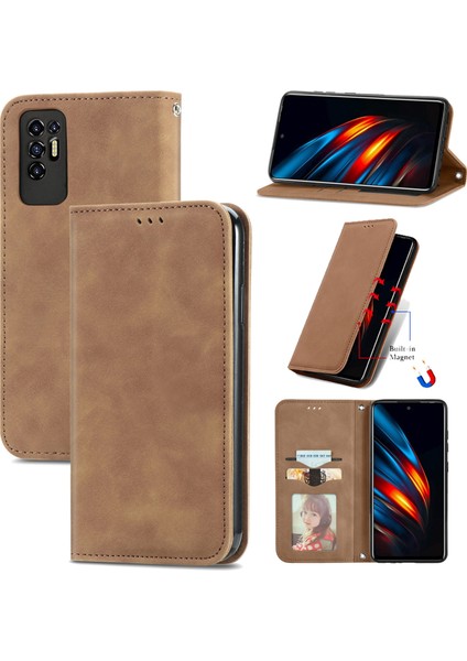 Tecno Pova 2 Kahverengi Için Retro Deri Fe Deri Kılıf (Yurt Dışından)