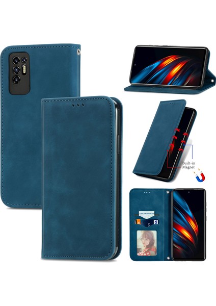 Tecno Pova 2 Mavi Için Retro Deri Fe Deri Kılıf (Yurt Dışından)