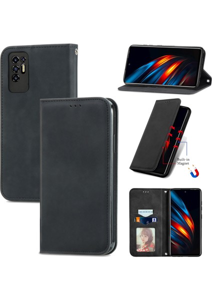 Tecno Pova 2 Siyah Için Retro Deri Fe Deri Kılıf (Yurt Dışından)