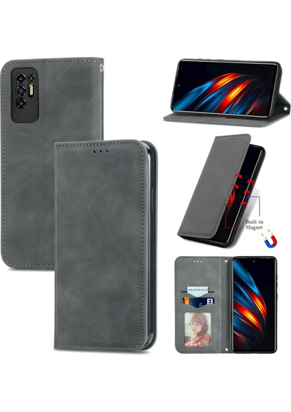 Tecno Pova 2 Gri Için Retro Deri Fe Deri Kılıf (Yurt Dışından)
