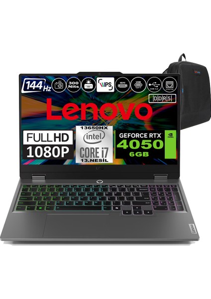 Loq 15IRX9 Intel Core I7 13650HX Ddr5 32GB 2tb SSD Rtx 4050 6gb 300NITS 15.6" 144Hz Fhd Windows 11 Home Taşınabilir Bilgisayar 83DV0117TRH07 + Zetta Çanta