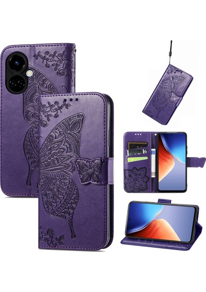 Tecno Camon 19 Koyu Mor Için Aşk Çiçeği Deri Kılıf (Yurt Dışından)