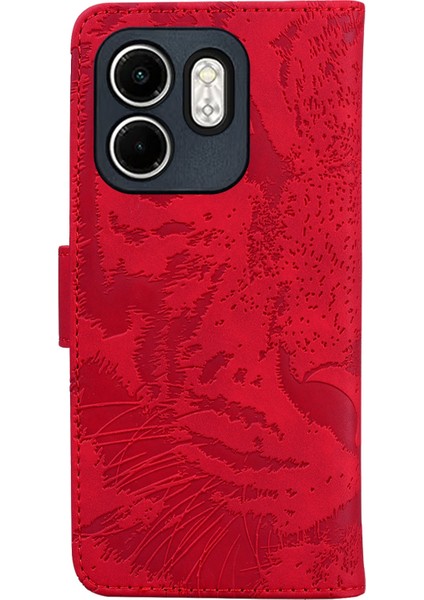 Infinix Hot 50I / Smart 9 Kırmızı Için Kaplan Kabartmalı Deri Kılıf (Yurt Dışından)