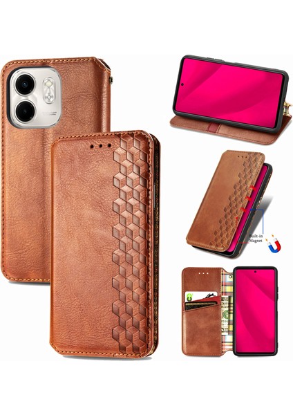 Infinix Smart 9 Kahverengi Için Kübik Preslenmiş Deri Kılıf (Yurt Dışından)