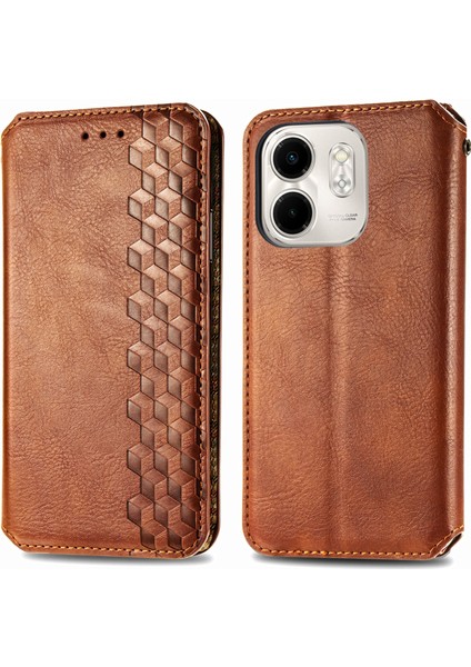 Infinix Smart 9 Kahverengi Için Kübik Preslenmiş Deri Kılıf (Yurt Dışından)