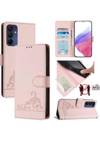Samsung Galaxy A16 5g Pembe Için Kedi Sıçan Kabartmalı Rfıd Pu Kılıf (Yurt Dışından)