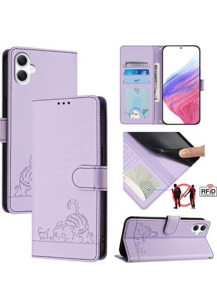 Samsung Galaxy A06 4g Siyah Için Kedi Sıçan Kabartmalı Rfıd Pu Kılıf (Yurt Dışından)