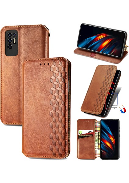 Tecno Pova 2 Kahverengi Için Manyetik Deri Telefon Kılıfı (Yurt Dışından)