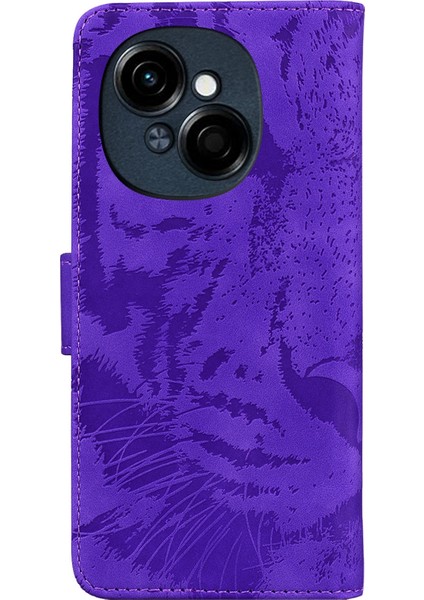 Tecno Spark Go 1 / Pop 9 Pro Mor Için Kaplan Kabartmalı Deri Kılıf (Yurt Dışından)
