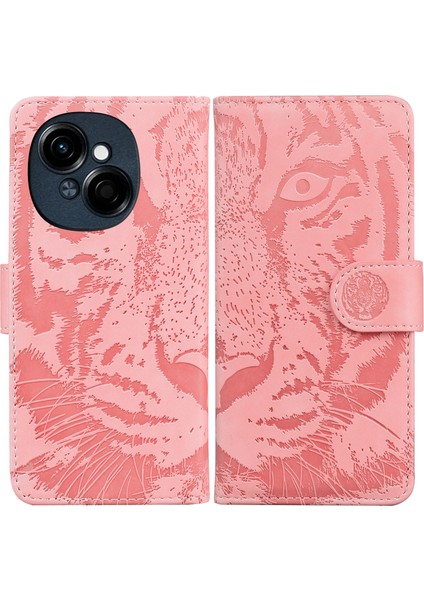 Tecno Spark Go 1 / Pop 9 Pro Pembe Için Kaplan Kabartmalı Deri Kılıf (Yurt Dışından)