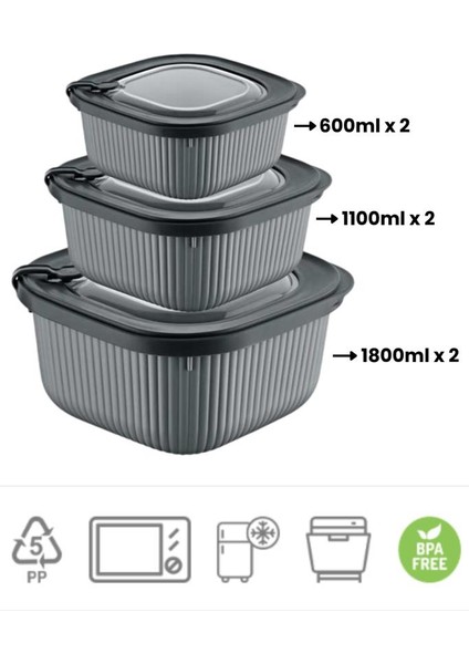 Mikrodalga Saklama Kabı 6’lı Set, Buzluk Buzdolabı Mikrodalga Uygun Kapaklı Set 2X(600-1100-1800ML) Füme fiyatları