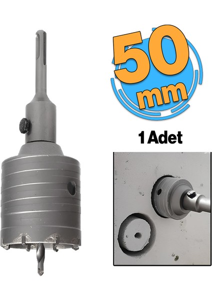 Adaptörlü Metal Sds Plus Elmas Panç Ø 50 mm Çap Delik Oyuk Açma Delme Buat Açma Testeresi 1 Adet