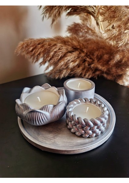 Parlak Gümüş Renk 4'lü Set (16 cm Sunum Tepsisi ve 3 Mum) fiyatları