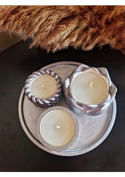 Parlak Gümüş Renk 4'lü Set (16 cm Sunum Tepsisi ve 3 Mum) modelleri
