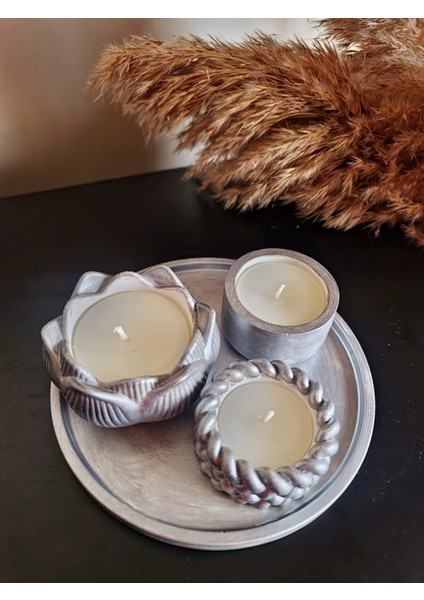 Parlak Gümüş Renk 4'lü Set (16 cm Sunum Tepsisi ve 3 Mum) fırsatları
