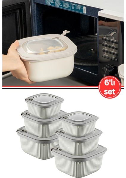 Mikrodalga Saklama Kabı 6’lı Set, Buzluk Mikrodalga Uygun Kapaklı Özel Set 2X(600-1100-1800ML) Krem