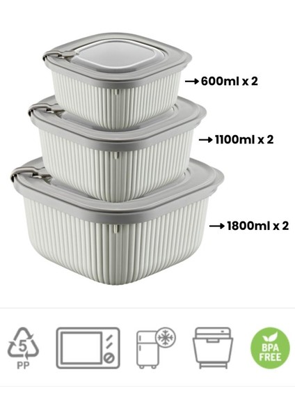 Mikrodalga Saklama Kabı 6’lı Set, Buzluk Mikrodalga Uygun Kapaklı Özel Set 2X(600-1100-1800ML) Krem fiyatları