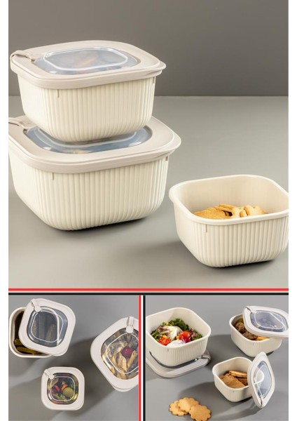 Mikrodalga Saklama Kabı 6’lı Set, Buzluk Mikrodalga Uygun Kapaklı Özel Set 2X(600-1100-1800ML) Krem modelleri