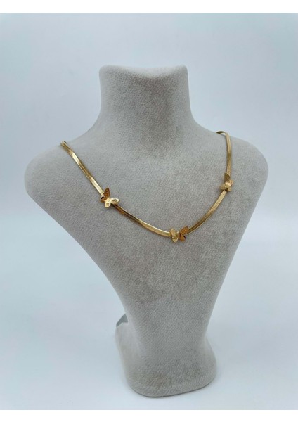 Üç Kelebek Figürlü Çelik Hasır Gold Kolye