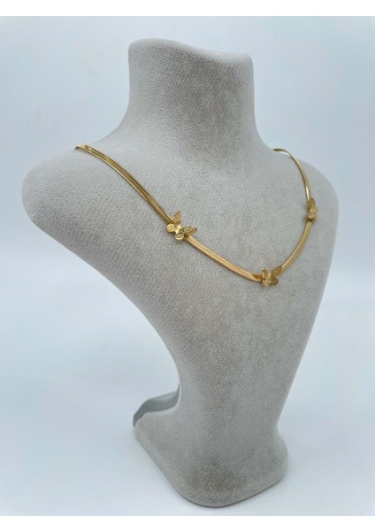 Üç Kelebek Figürlü Çelik Hasır Gold Kolye