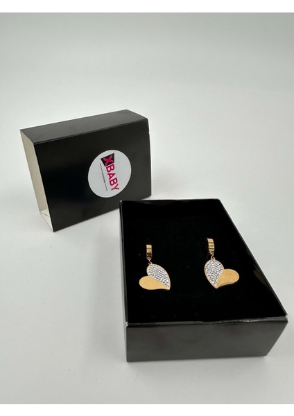 Yarısı Taşlı Kalp Gold Küpe