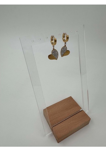 Yarısı Taşlı Kalp Gold Küpe