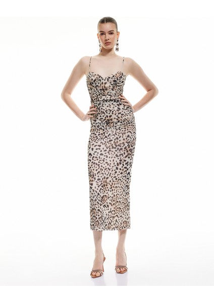 Leopar Desenli Degaje Yaka Askılı Uzun Slip Elbise fiyatları