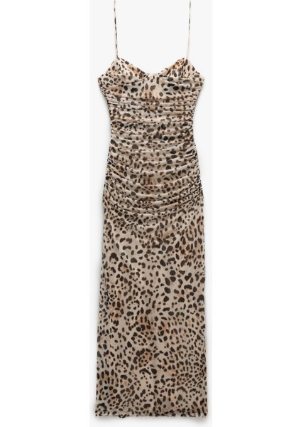 Leopar Desenli Degaje Yaka Askılı Uzun Slip Elbise modelleri