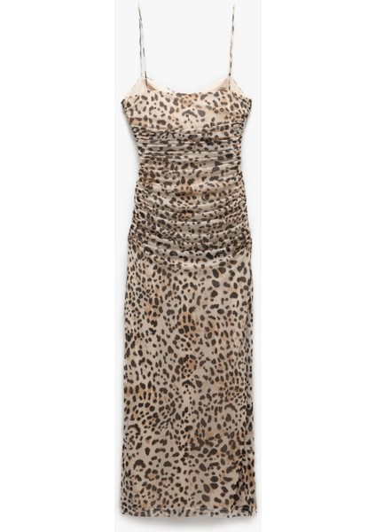 Leopar Desenli Degaje Yaka Askılı Uzun Slip Elbise fırsatları